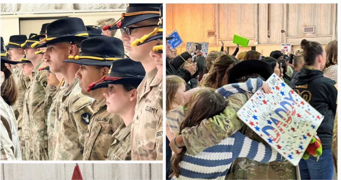 U.S. Army soldiers in uniform standing in formation next to a crowd welcoming home a service member with signs and hugs