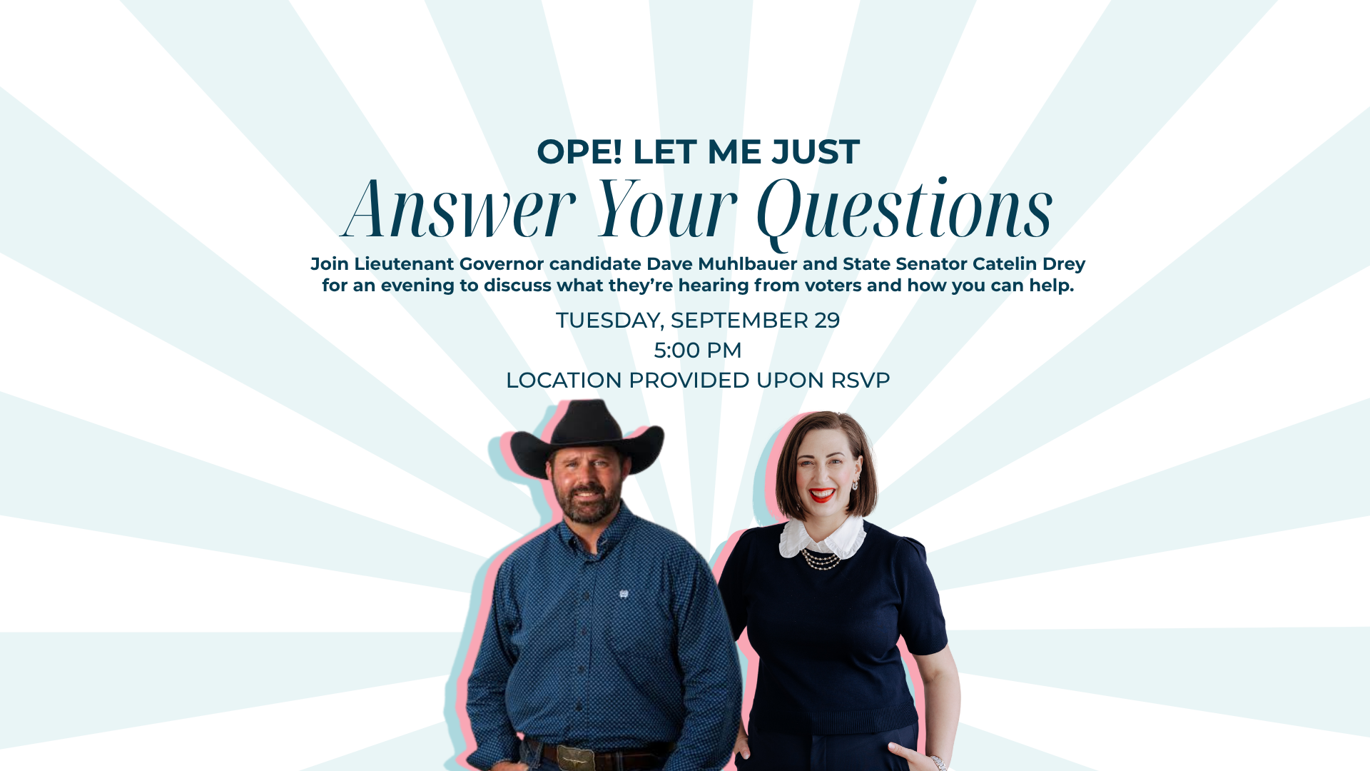 Ope! Event information with headshots of Dave Muhlbauer and Catelin Drey for an event happening Tuesday, September 29, 2026 starting at 5 PM